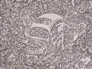 以複雜鉛筆線條繪製的汽車，周圍環繞著抽象漩渦。