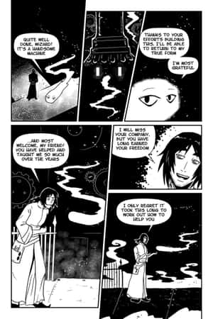 一位巫師和一個魔法實體在一個充滿齒輪的神秘場景中互相告別。 — 超級英雄 壁紙