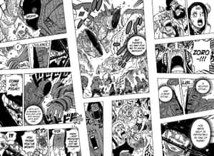 漫畫面板展示了角色在激烈動作中，帶有對話氣泡和動作線條。 — 動漫打鬥 壁紙