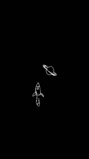 黑色背景上以白色線條繪製的火箭和土星。 — 火箭 GIF 壁紙