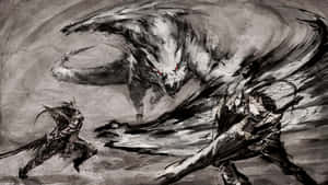兩名戰士在黑暗的單色草圖中與一隻巨大的狼怪物戰鬥。 — 魔物獵人 壁紙