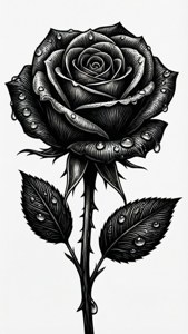 一朵黑白插圖玫瑰，花瓣和葉子上有露珠。 — 暗色 壁紙