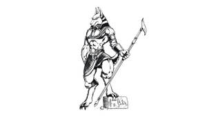 埃及神阿努比斯手持權杖，站在石塊上。
