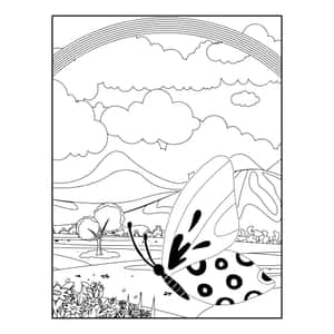 一隻帶斑點翅膀的蝴蝶在彩虹下飛越山區風景。 — iPad (A16) 壁紙