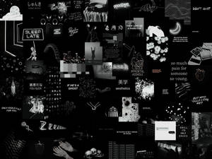 黑白emo美學拼貼畫，帶有文字引言和塗鴉。
