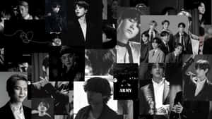 K-pop偶像的黑白照片拼貼，帶有'ARMY'文字。