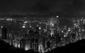 一幅黑白夜景城市景觀，有發光的摩天大樓和港口。
