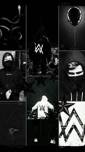Alan Walker 拼貼畫，包含標誌星星、蛇和氣球，黑白風格。