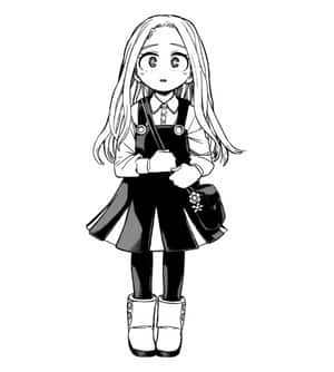 長髮動漫女孩穿著連衣裙和靴子拿著一個袋子。