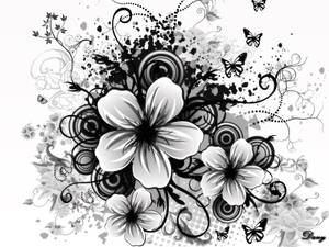 黑白花卉和蝴蝶插圖，帶有漩渦圖案。