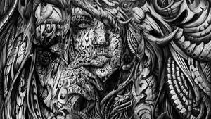 一幅詳細的黑白插圖，描繪了一個帶有漩渦狀有機圖案的扭曲面孔。 — 黑白藝術 壁紙