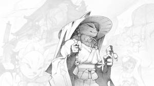 一隻穿著傳統長袍的狐狸精靈在神社中手持法杖和念珠。