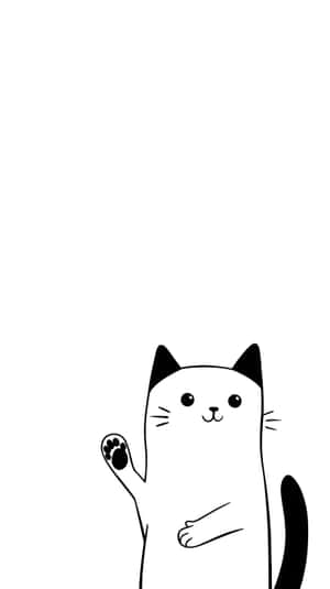 一隻黑白卡通貓咪在白色背景上用一隻爪子揮手 — 手機 壁紙