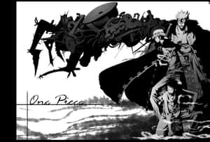 《ONE PIECE》動畫角色以黑白風格面對一個巨大的機械怪物。