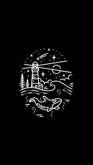 星空海洋場景中的燈塔和鯨魚，線條藝術風格。