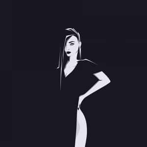 一個穿著連衣裙的女性自信擺姿勢的極簡圖形。 — 黑白 壁紙