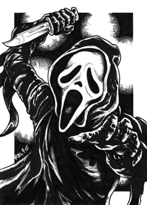 Ghostface恐怖角色在黑白插圖中手持刀。 — 尖叫 壁紙