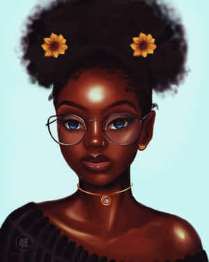 戴眼鏡、頭髮上插有向日葵的女性肖像。