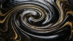 光澤黑色與金色液體以動態抽象圖案旋轉。