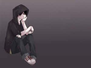 穿著黑色連帽衫的悲傷動漫男孩獨自坐在雨中