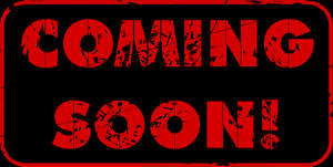 黑色背景上寫著coming soon的紅色破損文字