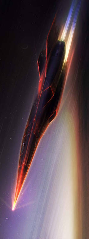 時尚黑色太空船在星際空間留下熾熱尾跡