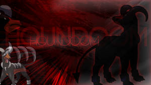 兩個Houndoom寶可夢剪影在紅色抽象背景上，帶有發光文字。 — 紅色 壁紙