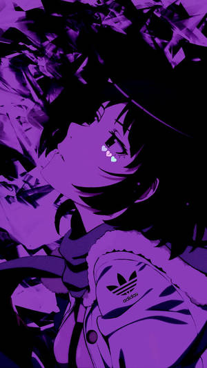 紫色頭髮和發光的愛心眼淚的動漫女孩，穿著紫色Adidas外套。