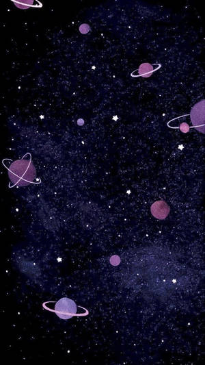 帶有光環的紫色行星在深邃的太空場景中，在閃爍的星星之間漂浮。 — 黑紫 壁紙