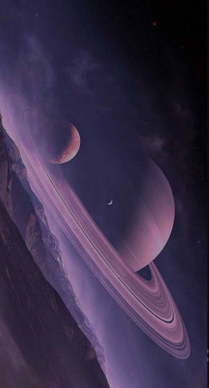從深空懸崖邊緣看到的紫色環狀行星 — 黑紫 壁紙