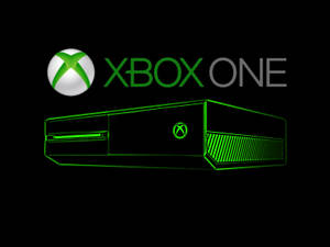 發光綠色Xbox One主機，帶標誌和文字，黑色背景。