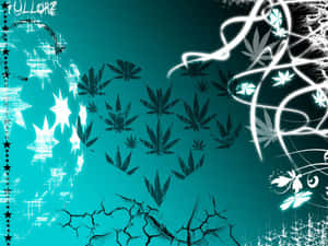 青綠色背景，帶有黑色大麻葉、白色發光漩渦和裂開的地面圖案。