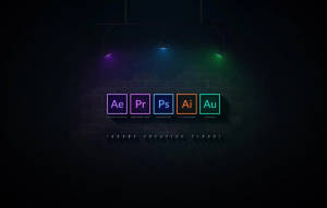霓虹燈照亮下的 Adobe Creative Cloud 應用程式圖示，在聚光燈下的磚牆上。