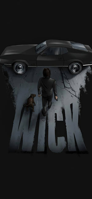 男人和狗在黑暗城市場景中走向「WICK」文字上方的黑色汽車。