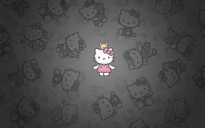 Hello Kitty身穿粉紅色連衣裙，居中於灰色背景上，帶有褪色的Hello Kitty輪廓。