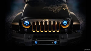 黑色Jeep Wrangler，藍色頭燈和龍形貼紙，黑暗環境
