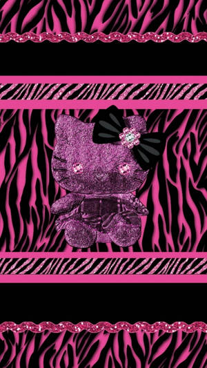 斑馬紋背景上的閃粉粉紅色Hello Kitty毛公仔。