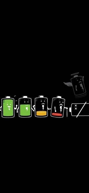 五個帶有面孔的卡通電池顯示從充滿到完全耗盡的電量下降情況。 — Pixel 8a 壁紙