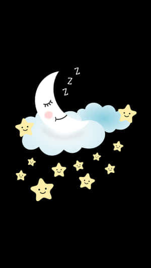 睡著的月亮和微笑的星星漂浮在夜空中。