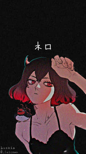紅眼睛和角的動漫女孩在黑暗背景上抱著頭。