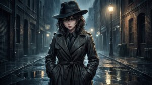 身穿風衣和軟呢帽的女性夜晚站在雨巷中。 — 動漫女孩 壁紙