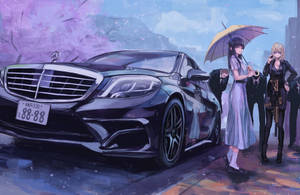 兩個動漫女孩拿著雨傘站在一輛黑色豪華車旁，背景是下雨的櫻花環境。