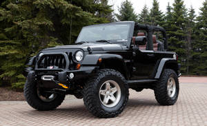 黑色Jeep Wrangler停在磚砌車道上，後面有常青樹