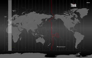 灰色世界地圖，帶有紅色電路線條和Lenovo Think標誌。