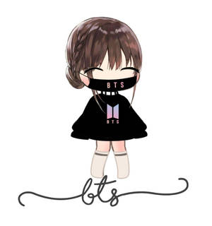 Q版動漫女孩戴著BTS口罩和連帽衫，下方有草書BTS標誌。