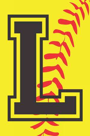 黃色背景上帶有紅色壘球縫線的黑色字母L。