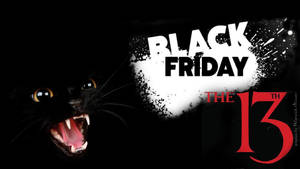 一隻帶有發光眼睛和露出牙齒的黑貓，旁邊有 'Black Friday the 13th' 文字。