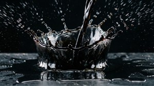 黑色背景上，深色液體的戲劇性飛濺，帶有閃爍的水滴。 — 黑色美學 壁紙