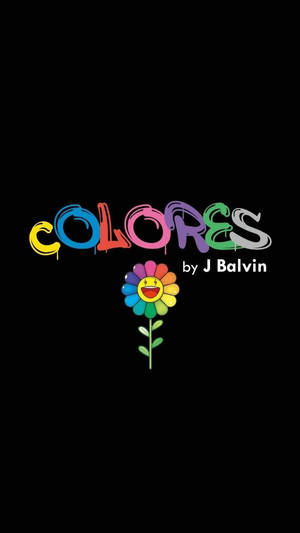 黑色背景上，彩虹色文字COLORES下方有一個微笑的花。 — 黑色 壁紙