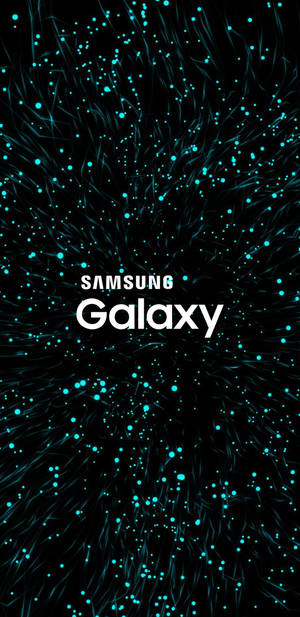 黑色背景上，被發光青色點和線條包圍的Samsung Galaxy標誌。